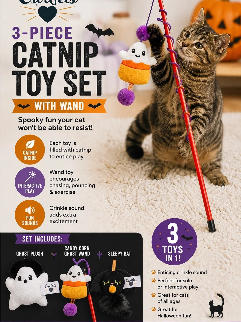 3-Piece Catnip Toy Set with Wand - Orange, White, Black